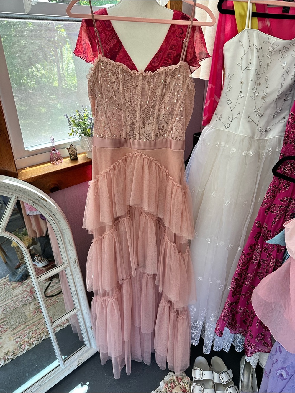 City Studio Blush Pink Tiered Lace Maxi Dress